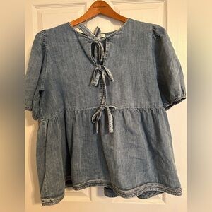 She + Sky Light Wash Denim Tie-Front Peplum Top